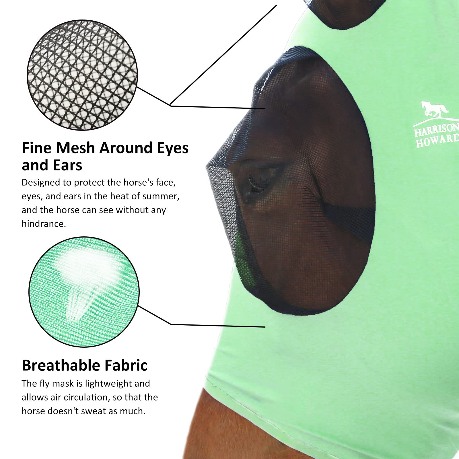 Harrison Howard Super Comfort Horse Fly Mask Elasticity Fly Mask with Ears UV Protection for Horse Cool Mint M Cob